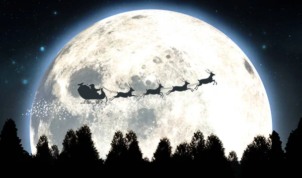 Silhouette de traîneau lune et Santas — Photo