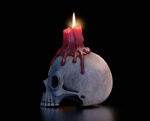 Skull And Melted Lit CAndle — Stock Photo, Image