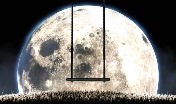 Balanço vazio das crianças e silhueta da lua — Fotografia de Stock