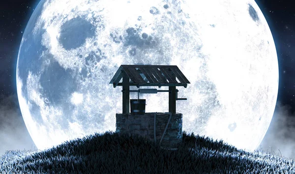 Wishing Well And Moon Silhouette — Stock Photo, Image