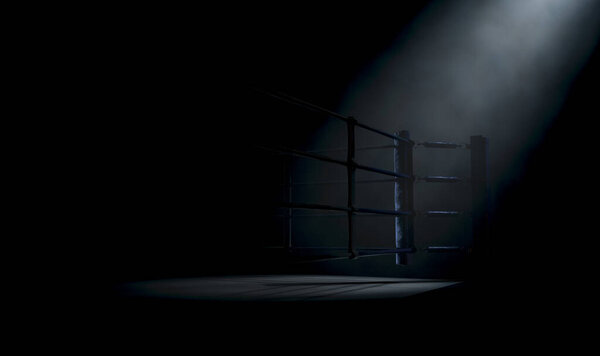 A dramatic closeup of a dimly spotlit corner of a boxing ring surrounded by ropes on a dark isolated background - 3D render