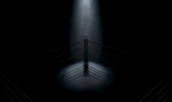 Dramatyczne Zbliżenie Słabo Oświetlonego Narożnika Ringu Bokserskiego Otoczonego Linami Ciemnym — Zdjęcie stockowe