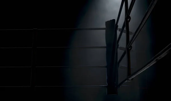 暗い隔離された背景にロープで囲まれたボクシングリングの薄暗いスポットライトのコーナーの劇的な閉鎖 3Dレンダリング — ストック写真