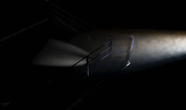 在黑暗孤立的背景下 一个被绳子环绕的拳击台隐约聚光的角落的一个戏剧性的特写 3D渲染 — 图库照片