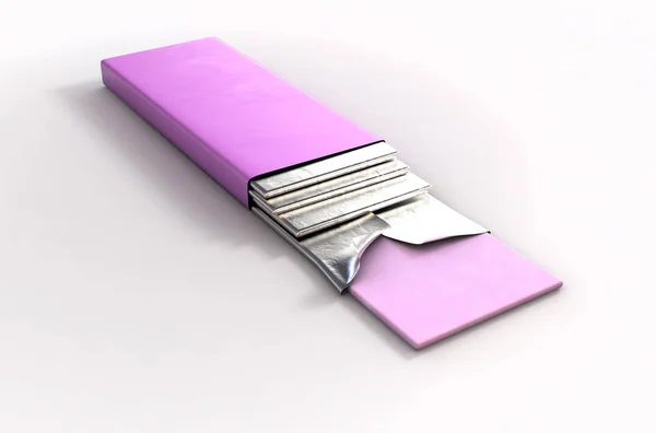 ピンクのラッパーと4本のガムが突き出たノンブランドのバブルガムパッケージ 3Dレンダリング — ストック写真