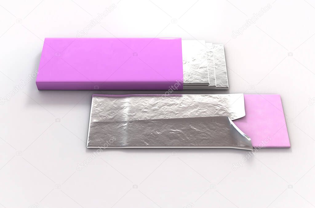 A non branded bubble gum packaging with a pink wrapper and four foiled sticks of gum protruding out - 3D render