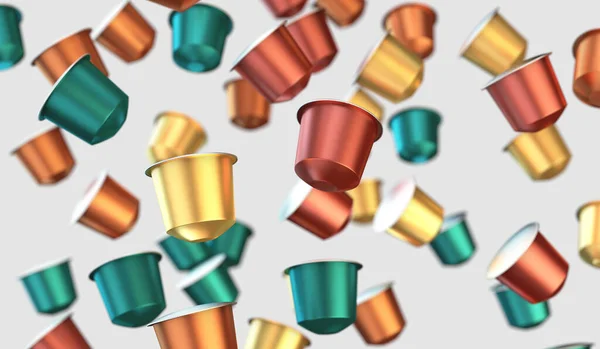 Коллекция Цветных Чашечек Кофе Эспрессо Плавающих Воздухе Изолированном Белом Фоне — стоковое фото