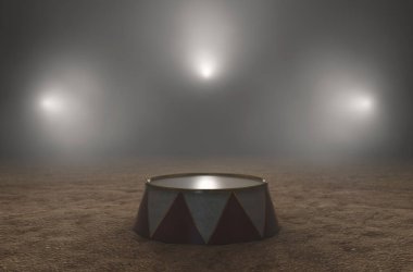An empty circus ringmasters podium backlit by dramatic spot lights on a dark moody background - 3D render