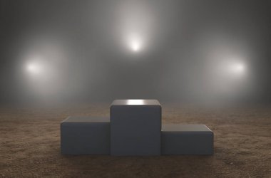 An empty classic winners podium on sand backlit by dramatic spot lights on a dark moody background - 3D render