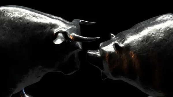 Two Metal Castings Depicting Bull Opposing Bear Dark Dramatic Light — Zdjęcie stockowe