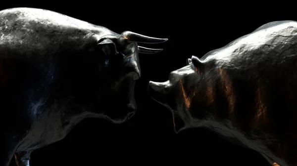 Две Металлические Отливки Изображающие Быка Противостоящего Медведю Темном Драматическом Свете — стоковое фото
