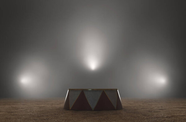 An empty circus ringmasters podium backlit by dramatic spot lights on a dark moody background - 3D render
