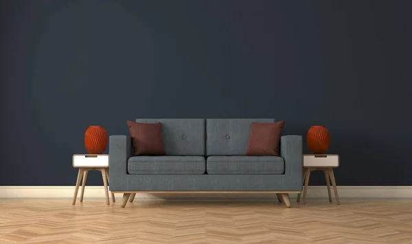 Grey Couch Modernly Decorated Room Side Tables Burgundy Vases Render — Stok fotoğraf