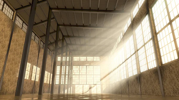 An empty and abandoned factory interior in the daytime with bright early morning light rays streaming in the windows - 3D render