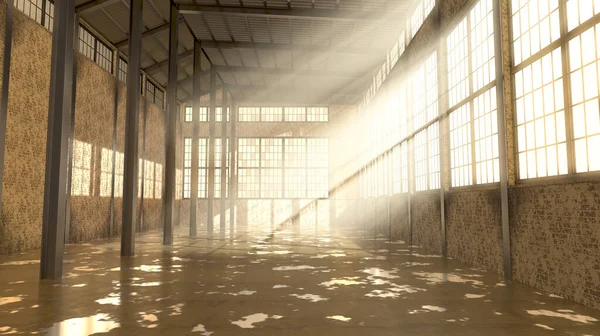 Empty Abandoned Factory Interior Daytime Bright Early Morning Light Rays — Stock Photo, Image