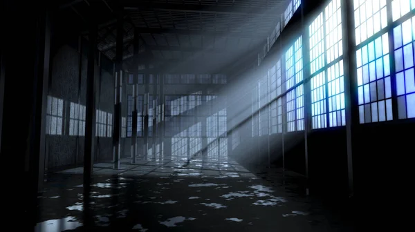 Empty Abandoned Factory Interior Nighttime Bright Late Evening Moon Rays — Stok fotoğraf