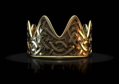 Dini bir çarmıha germe konsepti. Altın kraliyet tacı. Yüzeyine izole edilmiş siyah bir arkaplan işlemeli dikenli bir taç.