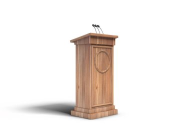 A wooden speech lecturn podium with a microphone on an isolated white studio background - 3D render clipart