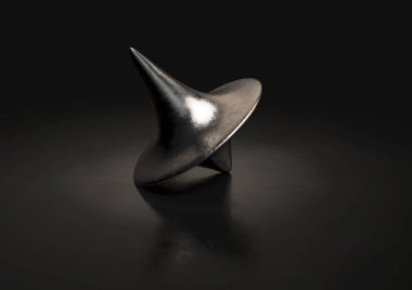 A slightly scratched die-cast lead spinning top in a resting position on a dark background - 3D render clipart
