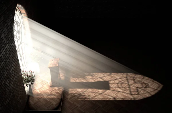 Tmavý Interiér Kostela Osvětlený Slunečními Paprsky Pronikajícími Skleněným Oknem Podobě — Stock fotografie