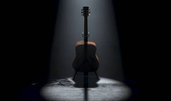 Uma Guitarra Acústica Descansando Estande Palco Concerto Música Iluminado Por — Fotografia de Stock