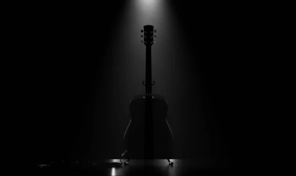 Uma Silhueta Uma Guitarra Acústica Descansando Estande Palco Concerto Música — Fotografia de Stock