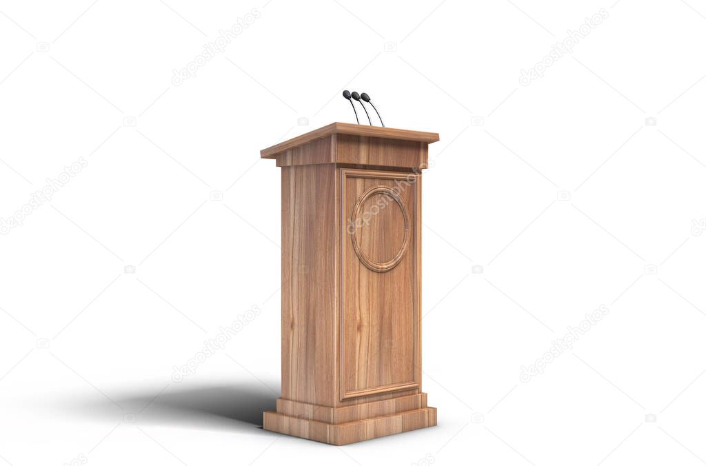 A wooden speech lecturn podium with a microphone on an isolated white studio background - 3D render