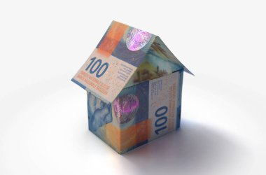 A concept of bank swiss franc notes folded into the shape of a simple house on an isolated background - 3D render clipart