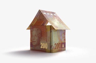 Güney Afrika Rand banknotları kavramı, izole edilmiş arka planda basit bir ev şeklinde katlanır.