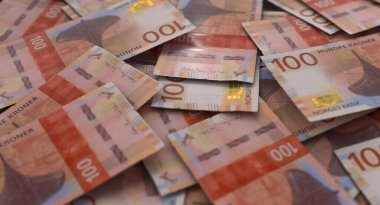 Dağınık Norveç kron banknotlarının yakın çekim görüntüsü - 3D görüntüleme