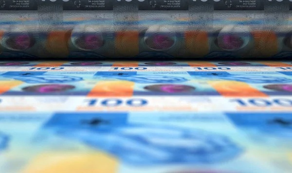 Концептуальное Изображение Показывающее Лист Новых Швейцарских Банкнот Franc Проходящих Через — стоковое фото