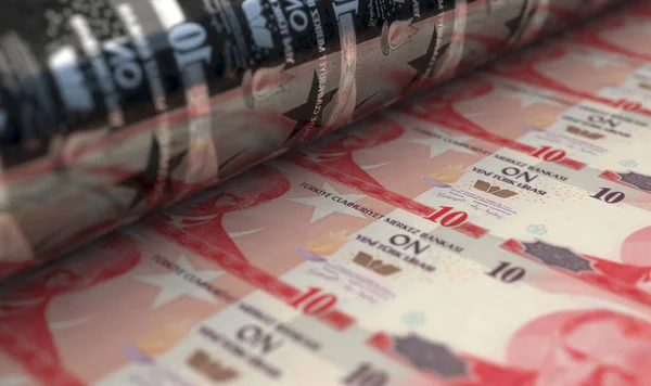 Concept Image Showing Sheet New Turkish Lira Notes Going Roller — Stock Photo, Image