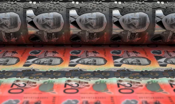 Obraz Koncepcyjny Przedstawiający Arkusz Nowych Australijskich Banknotów Dolarowych Przechodzących Przez — Zdjęcie stockowe