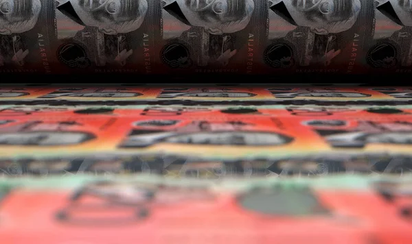 印刷物の実行の最終段階でローラーを通過する新しいオーストラリアドル紙幣のシートを示す概念画像 3Dレンダリング — ストック写真