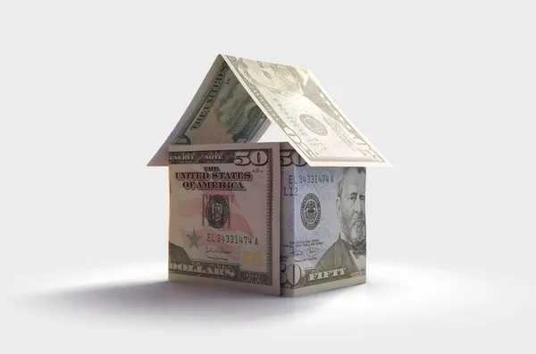 米ドル紙幣の概念が孤立した背景にあるシンプルな家の形に折り畳まれています 3Dレンダリング — ストック写真