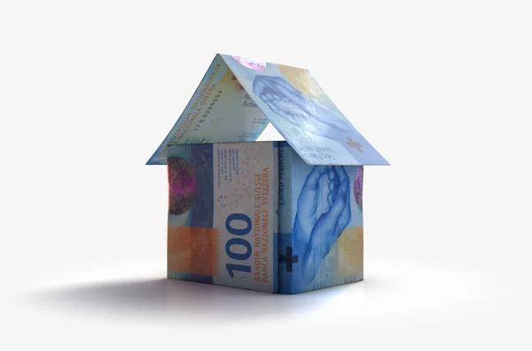 Conceito Notas Franco Suíço Bancário Dobradas Forma Uma Casa Simples — Fotografia de Stock