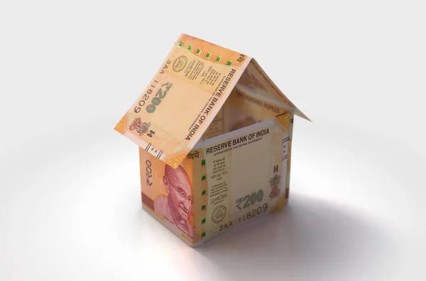 インドのルピー紙幣の概念が孤立した背景にあるシンプルな家の形に折り畳まれている 3Dレンダリング — ストック写真