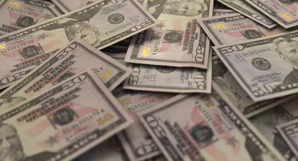 Detailní Pohled Roztroušenou Hromadu Bankovek Amerických Dolarech Vykreslení — Stock fotografie