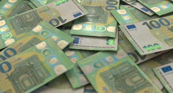 Nahaufnahme Eines Verstreuten Stapels Europäischer Euro Banknoten Render — Stockfoto