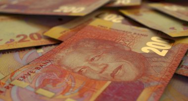 Dağınık Güney Afrika Rand banknotlarının yakın çekim görüntüsü - 3D görüntüleme