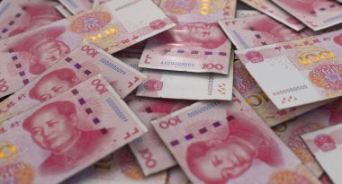 Dağınık Çin Yuan banknotlarının yakın plan görüntüsü - 3D