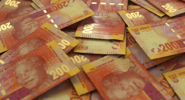Una Vista Cerca Una Pila Dispersa Billetes Rand Sudafricanos Render — Foto de Stock
