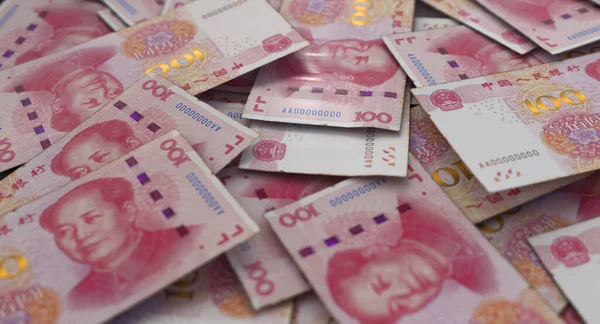 Close View Scattered Pile Chinese Yuan Banknotes Render — Stock Photo, Image