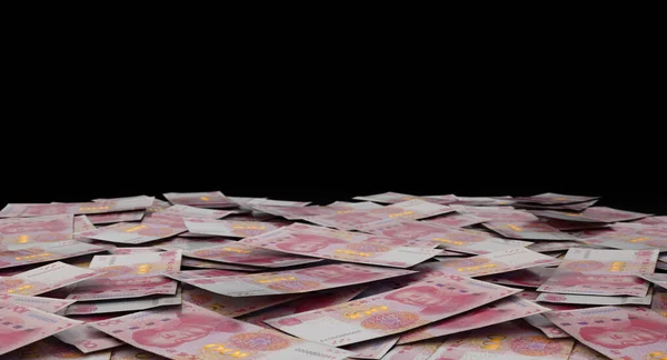 分散成堆的人民币钞票的特写 3D渲染 — 图库照片