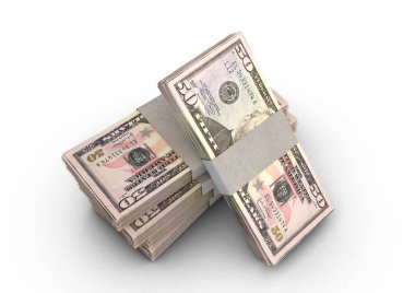 İzole bir zemin üzerine yığılmış bir deste Amerikan Doları banknotu- 3D görüntüleme
