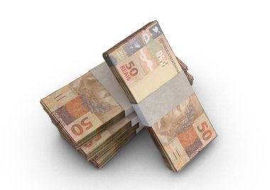 İzole bir zemin üzerinde bir deste Brezilya gerçek banknotları - 3D görüntüleme