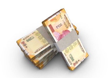 İzole bir zemin üzerinde bir yığın Hint Rupisi banknotları - 3D görüntüleme