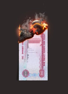 Bir konsept resim yarım yanmış düz kağıt dirhem nota hala koyu bir stüdyo arka planda yanıyor - 3D canlandırma
