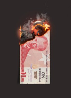 Yarım yamalak yanmış bir kağıt lira banknotun karanlık bir stüdyo arka planında hala yandığını gösteren bir konsept resim - 3D canlandırma