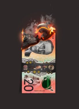 Yarı yanmış düz bir Avustralya doları banknotunun karanlık bir stüdyo arka planında hala yandığını gösteren bir konsept görüntü - 3D görüntüleme